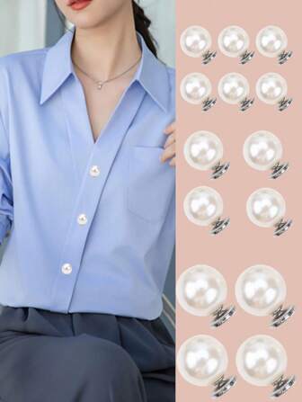 14pcs/Pack Faux Pearl Invisible Buttons, Flat Bottom No-Sew Anti-Slip Buttons, Detachable Fastener Buttons For Shirt, Cardigan, Sweater Collar & Cuffs Decoration, Zinc Alloy, All Seasons School