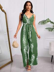 Mono De Tirantes Con Estampados Tropicales Para Dama, Mono De Pernera Ancha Con Abertura Hasta El Muslo