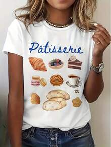100% Cotton Women'S French Patisserie Graphic T-Shirt - Croissant Baker France Print, Casual Crew Neck Short Sleeve Top For Summer & Spring, White With Colorful Food Illustrations Summer Tops For Women - 白色 - 查看 1