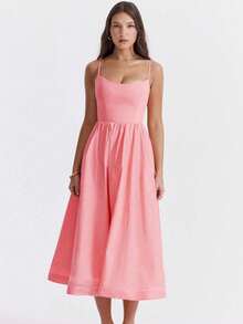 Solid Color Sexy U-Neck Ruched Cami Flare Midi Dress - Pink - View 5