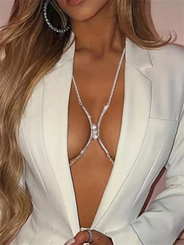 1pc Sexy Glamorous Rhinestone Chest Chain, Bridal Wedding Party Body Chain, Fashionable Women Jewelry Accessory