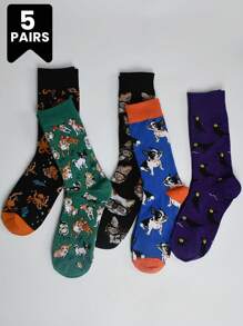 5 Pairs Women Cartoon Dog Print Socks, Cute Animal Pattern Comfortable Daily Casual Fashion Mid-Calf Socks, Autumn/Winter