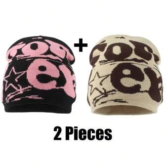 2pcs Letter Knit Beanie, Double-Sided Jacquard Design Women Warm Knitted Cap