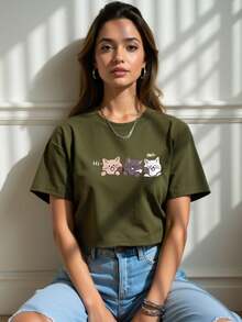 Cropped Algodão Curta Confortável Casual Streetwear Tres Gatinhos - Verde Escuro - Visão 2