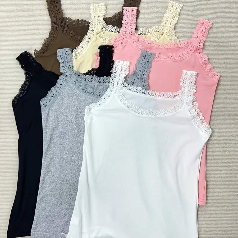 6pcs Women's Plus Size Lace Camisole Vests - Slim Fit Sheer Layering Tops With Lace Trim, Stretchy Lightweight Undershirts For All Seasons, 6 Colors (Nude, White, Black, Grey, Pink, Beige), Versatile Clothing, Elegant Design, Delicate Detailing, Nontransparent Fabric - 混合顏色 - 查看 1