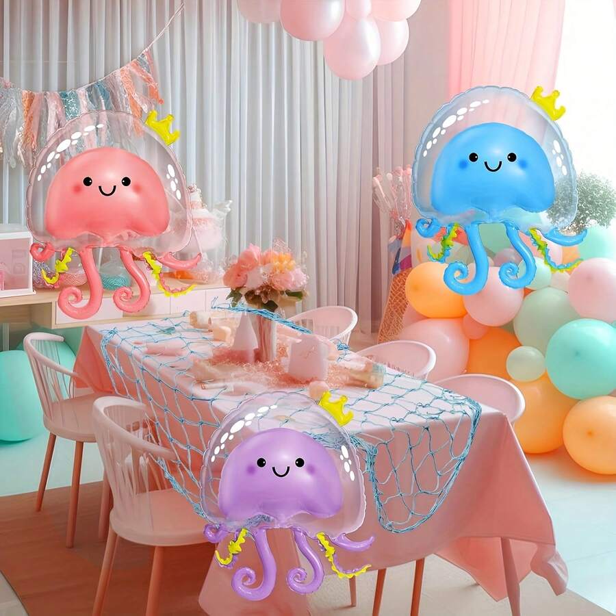 1pc Octopus Balloon & Fishing Net Decoration Set, Double Layer Anemone Balloons, For Ocean, Marine, Octopus, Mermaid Themed Party Decoration, Birthday Supplies - Jellyfish Balloon - View 1