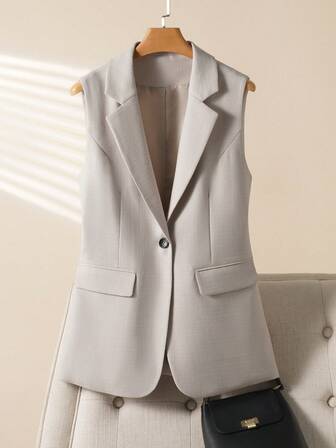 Women's Sleeveless Long Cardigan, Solid Color, Fashionable & Versatile, Fitted, Spring & Autumn
