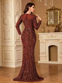 hezixi Vestido de noche de ajuste ceñido con cuello redondo, mangas largas, y bajo de cola de sirena con lentejuelas elásticas. Adecuado para diversos eventos, graduaciones, bodas y diversos banquetes.