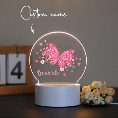 1pc Personalized Name-Creatively Made Acrylic Gift, Featuring Pink Butterflies And Flower Patterns, Suitable For Boys, Girls Or Friends. 3D Optical Illusion, LED Night Light, Warm Light. It Is A Decorative Table Lamp. Applicable For Teachers, Children, Couples, Friends, Family Members, Pets - Birthday, Graduation,Back To School Fashion