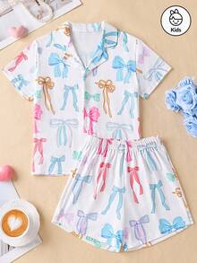 Sweet, Fashionable And Casual Girls' Summer Home Two Pieces Set, Colorful Bow Short Sleeve Shorts Suit, Stand Collar Cardigan Design, Comfortable Fabric, Very Suitable For Wearing At Home, Reading, Resting And Relaxing. - White - View 2