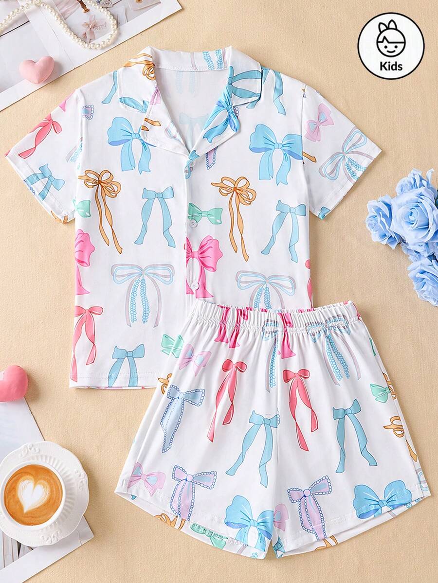 Sweet, Fashionable And Casual Girls' Summer Home Two Pieces Set, Colorful Bow Short Sleeve Shorts Suit, Stand Collar Cardigan Design, Comfortable Fabric, Very Suitable For Wearing At Home, Reading, Resting And Relaxing. - White - View 1