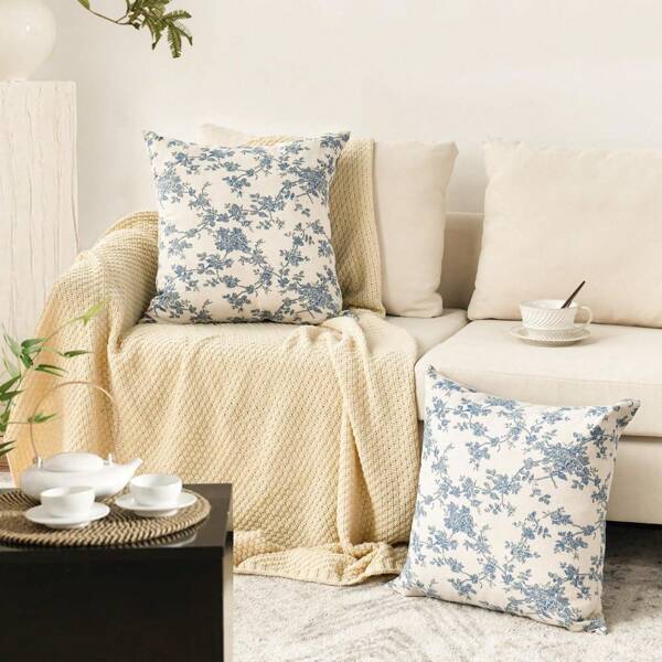 Chinoiserie Grandmillennial Bule Flower Cotton Throw Pillow Covers 18 X 18 Inch Set Of 2, Cotton Sateen Breathable Cushion Case On Sofa Couch Soft For Quality Sleep