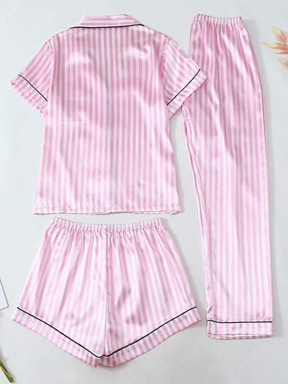 Satijnen Women Pajama Set, Short Sleeve Top, Shorts Pants, Loose Sleepwear Com Tafel Home Outdoor, Roze view 3