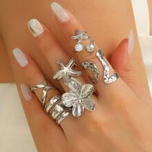 6pcs/Set Fashion Metal Golden Sea Star & Shell Flower Rings Set, Suitable For Gifts, Matching Daily Outfits, Parties, Dates, Beaches