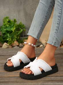 Women's Fashion Versatile White Tassel Edged Casual Vacation Style Platform Slide Sandals, Simple Design For Outdoor Wear, Thick Soles