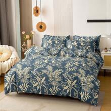 3-Piece Set Plant Leaf Print Duvet Cover Set, Includes 2 Pillowcases And 1 Duvet Cover (No Filling), Deep Blue, Soft, Comfy, Breathable, Suitable For All Seasons, Perfect For Bedroom, Guest Room, And Dorm Decor