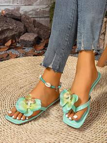 Dép xăng đan đế bằng hở mũi họa tiết hoa giả, cỡ lớn, kiểu dáng mới mùa hè 2025 dành cho nữ. - màu xanh lá - Xem 3