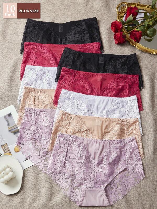 FOVTY 10pcs Plus Size Lace Patchwork Plain Briefs, Casual Everyday Wear