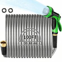 Silver Metal Garden Hose, 50-100 Ft. 304 Stainless Steel Flexible Water Hose , Puncture Resistant, With 10 Adjustable Spray Pattern Nozzles, Heavy Duty Industrial Water Hose, High Temperature Resistant, Low Temperature Resistant, Easy To Water Your Yard, Anti-Kink, Easy To Store And Handle - 銀色 - 查看 1