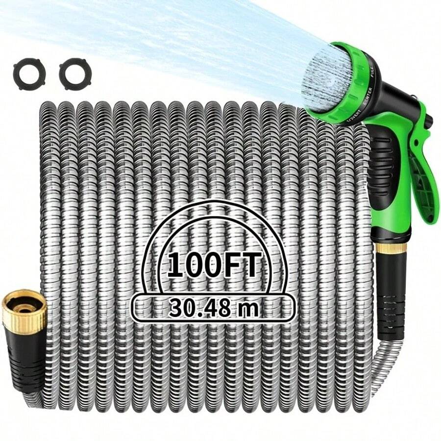 Silver Metal Garden Hose, 50-100 Ft. 304 Stainless Steel Flexible Water Hose , Puncture Resistant, With 10 Adjustable Spray Pattern Nozzles, Heavy Duty Industrial Water Hose, High Temperature Resistant, Low Temperature Resistant, Easy To Water Your Yard, Anti-Kink, Easy To Store And Handle - 銀色 - 查看 1
