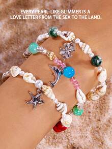 女士海星贝壳珍珠手链，欧美时尚度假风格，新设计仿珍珠手链，女朋友手链，串珠手链，波西米亚风格，优质珠宝，夏季配饰，玻璃吊坠，西方珠宝，女士礼物，适合户外海滩穿着 - 彩色 - 查看 6