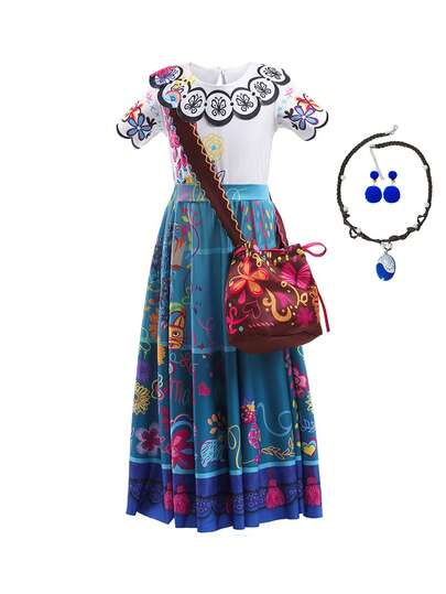 5 件套女童彩色卡通印花连衣裙，带包、项链、耳环，儿童公主服装，适合圣诞派对、万圣节