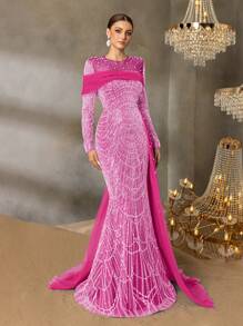 Faeriesty Vestido de noche elegante de lentejuelas y cuentas con diseño de sirena de Faeriesty, con tren asimétrico transparente y detalles en perlas - Perfecto para galas de alfombra roja, bodas de etiqueta negra, eventos de marcas de lujo y ceremonias de premios