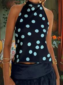 Women Y2k Polka Dots Halter Tank Tops Cute High Mock Neck Backless Cami Open Back Camisole Going Out Tops - Màu xanh ngọc - Xem 3