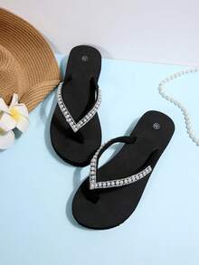 New Fashionable Bohemian Rhinestone Wedge Thong Sandals For Women - Black - View 1