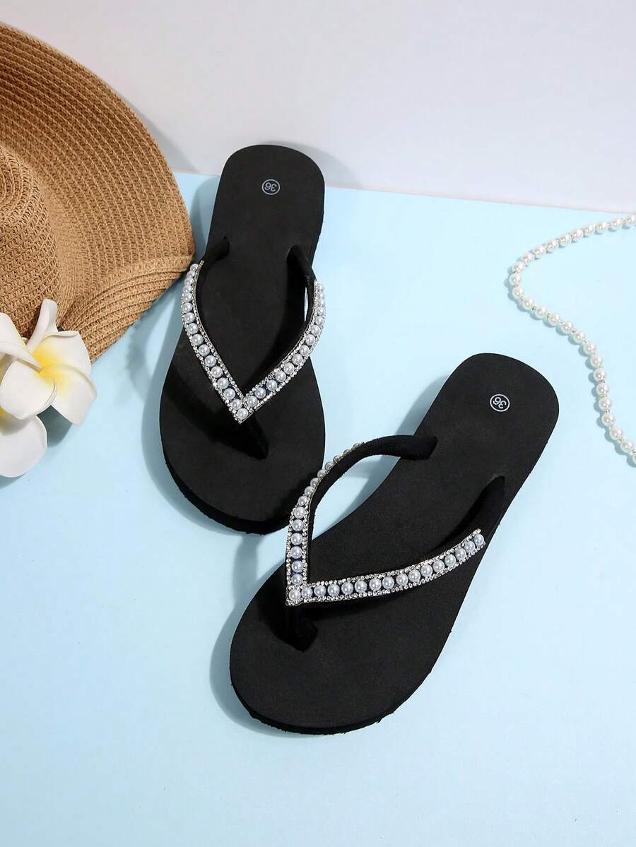 New Fashionable Bohemian Rhinestone Wedge Thong Sandals For Women - Black - View 1