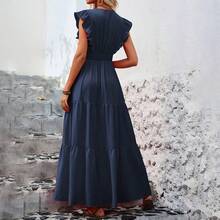 Women's Elegant V-Neck Maxi Dress Short Sleeve Solid Color High Slit Long Dress For Summer Tea Party & Casual Wear - Navy Blue - View 3