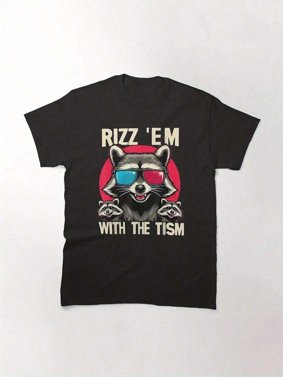 Rizz 'Em With The Tism Shirt, Men's Round Neck Comfortable Breathable T-Shirt, Summer Casual Fashion Tops2025 - 黑色 - 查看 1