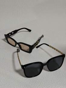 2 Pieces Vintage Square Glasses Sets For Women, Suitable For Daily Life, Beach Vacation, Outdoor Travel, Decoration Chain, Classic Black Frame, Adult Party Gift, Holiday Accessory, Basic Summer Female Clothing, Business Casual Gift, Beach Accessories