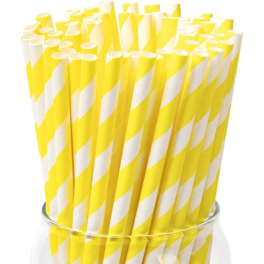 Paper Straws - 100 Pack, Gold & White Striped Disposable Party Straws For Cake Pops, Birthday,  Wedding (7.75" X 0.24") - 黃色 - 查看 1