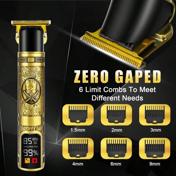 Professional Digital Hair Clipper For Men – Vintage Cordless T-Blade Trimmer With RPM & Battery LCD Display, Zero-Gapped Precision Cutting, USB Rechargeable Beard Grooming Kit With 6 Guide Combs – Ideal For Barbers & Home Use