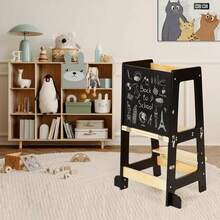 Foldable Kitchen Step Stool With Railing, Blackboard, Learn To Stand Kitchen Counter Tower - Black - View 2