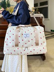 Bolsa de Viagem Overnight com Estampa de Morango em Veludo Corduroy, Bolsa Esportiva de Ginástica de Grande Capacidade para Yoga, Bolsa de Fim de Semana com Compartimento Seco e Úmido Separado e Compartimento para Sapatos, Bolsa de Ombro Casual e Portátil Adequada para Negócios, Férias, Outdoor, Esqui, Fitness, Proteção Laboral e Entrega, Acessórios Escolares