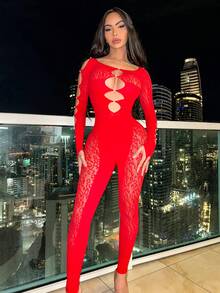 女士夏季圆领长袖镂空拼接豹纹蕾丝性感修身连体裤 春季 - 紅色 - 查看 4