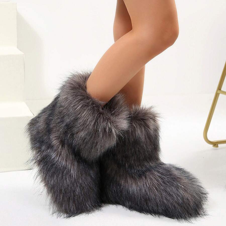 Stylish Personalized Winter Boots For Women - Adorable Spicy Girl Mid-Length Snow Boots, Cozy And Warm,Fluffy Boots Faux Fur Boots Women Shoes - 灰色 - 查看 1