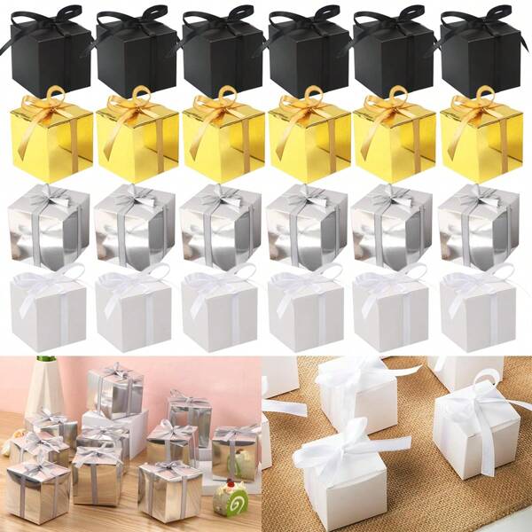 10 pezzi Scatoline quadrate per bomboniere con nastro, piccole scatole di carta quadrate dono per matrimoni, compleanni, baby shower, colori dorato, argentato, bianco, nero, articoli per confezioni regalo