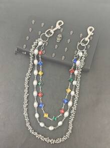Corrente de Calça com Três Camadas de Pérolas e Strass Colorido, Ícone da Moda Acessório de Cintura Luxuoso, Minimalismo, Joias Hip Hop, Produto com Corrente Multicolorida Enviada Aleatoriamente