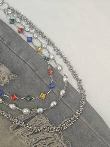 Corrente de Calça com Três Camadas de Pérolas e Strass Colorido, Ícone da Moda Acessório de Cintura Luxuoso, Minimalismo, Joias Hip Hop, Produto com Corrente Multicolorida Enviada Aleatoriamente