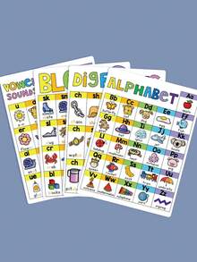 4 kolorowe fiszki do nauki fonetyki i ortografii – plakat do klasy A4 z alfabetem angielskim i połączeniami, żywy, edukacyjny materiał dydaktyczny odpowiedni dla młodzieży