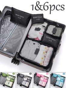 1 Set Of 6 Travel Storage Bags, Luggage Organizers, Large Capacity Packing Cubes, Cosmetic Bag, Toiletry Bag, Organizer Bag, Multi-Color Option, Portable Large Capacity, Waterproof And Dustproof Foldable Storage Bags, Suitable For Storing Clothes, Shoes, Underwear, Cosmetics, Toiletries, Electronics, Outerwear, Hats, Eyeshadow Palette, Makeup Brushes, Lipstick, Eyebrow Pencil, Makeup Sponge, Stationery, Can Be Used For Travel, Vacation, Business Trip, Home Organization - Black - View 2