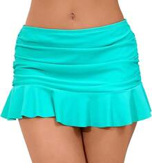 Halcurt Women's Low Waisted Ruched Ruffle Swim Skirts With Hipster Bikini Bottoms Tummy Control Swimsuit - Turquoise - View 1
