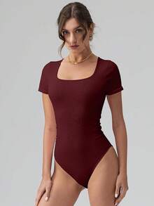 OQQ Women Bodysuits Ruched Short Sleeve Square Neck Stretch Lounge Travel Bodysuits - Red - View 6