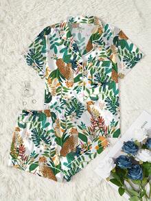 Set de 2 piese pentru femei cu imprimeu leopard și pijamale romantice casual - tricou cu mânecă scurtă și pantaloni scurți cu talie elastică