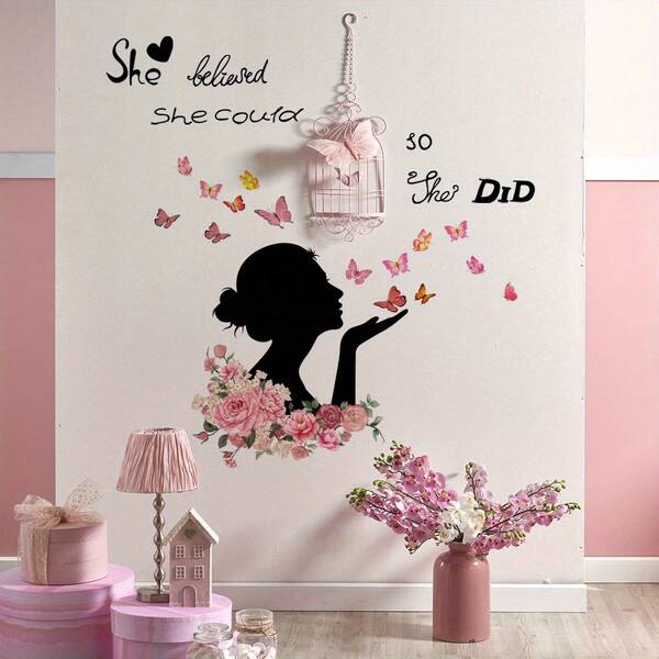 Wall Sticker Girl Butterfly Inspirational Phrase Wall Sticker Room Decoration Wall Sticker Self-Adhesive Flower Wall Sticker
