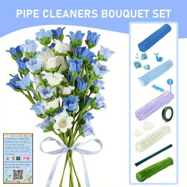 272pcs Blue Bell Flower DIY Pipe Cleaner Projects Craft Kit, 250pcs Pipe Cleaner Scrapbook, Includes 20pcs Flower Stems, 1pc Gardening Tape, Step-By-Step Video Tutorial, Fuzzy Wire Rope Sticker Pipe Cleaner DIY Craft Creative Project Supplies, Flower Making