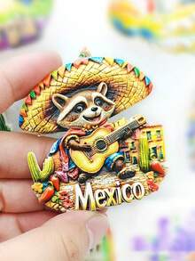 1pc 2025 New Authentic Mexican Street Guitar Mariachi Hat Raccoon | Fridge Magnet | Commemorative Souvenir Gift - 3D Magnetic Sticker Decoration, Ins Style Magnetic Sticker - Multicolor - View 4
